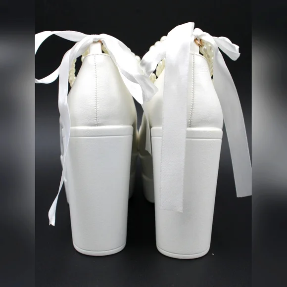 Women’s Pearl Decor Chunky Heeled Ankle Strap Heels – Size 6.5 (EU 37) - Picture 5 of 9